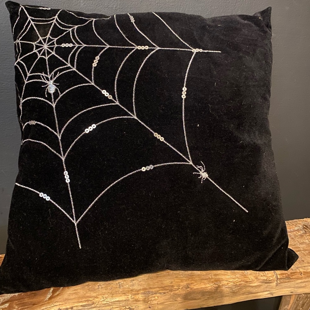 K&K Interiors Black Pillow with Silver Spider Web Design